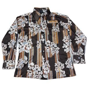Vtg 70s Joel California 100% Polyester Disco Shirt Mens Sz M Stripes&flowers
